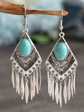 14K White Gold Womens Hanging Turquoise Dangle Drop Earrings 14 K Silver Jewelry
